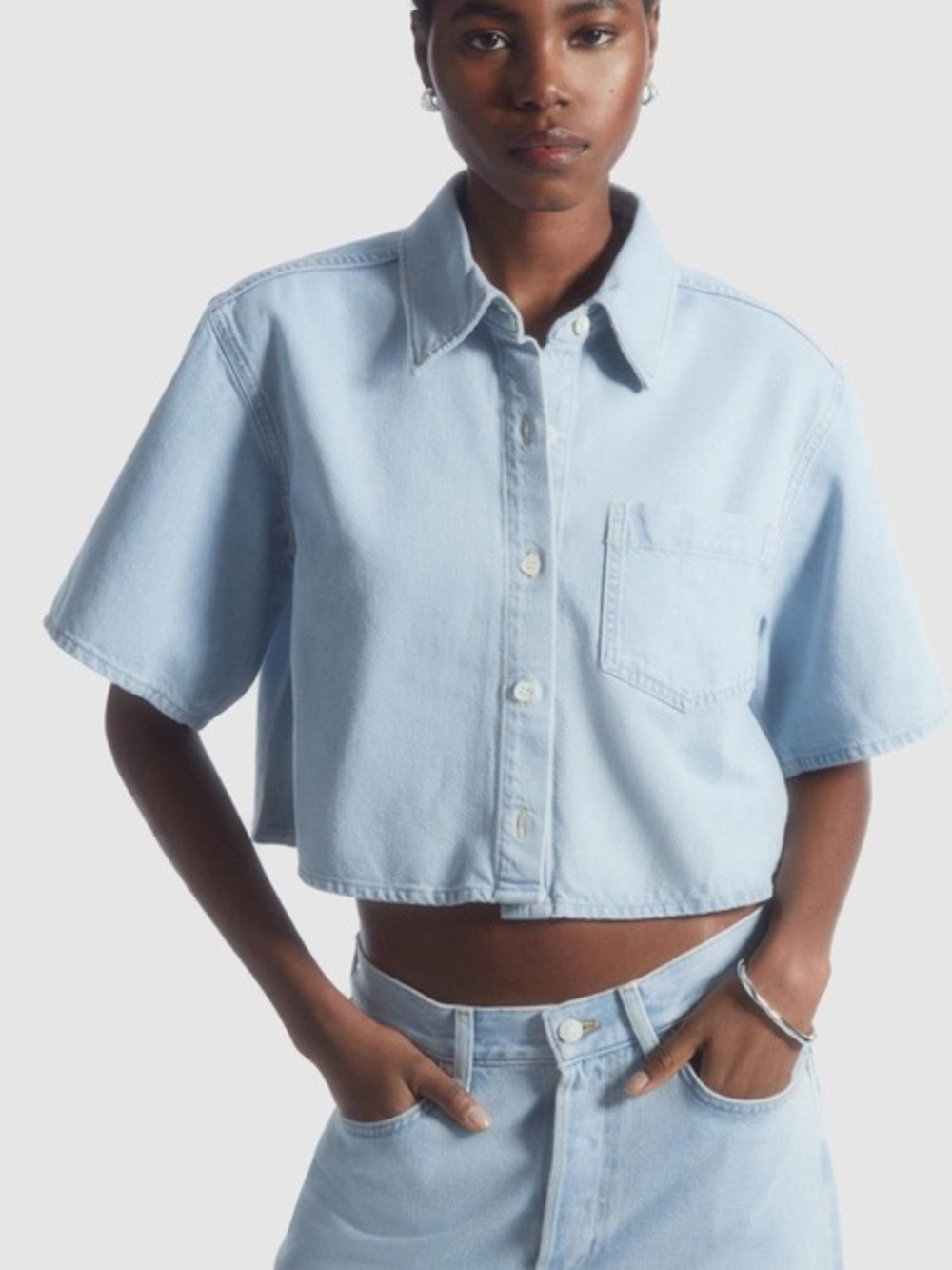 COS Light Blue Cropped Denim Button-Down Shirt S M